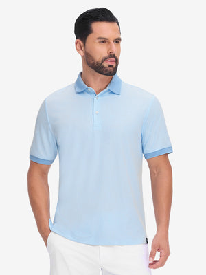 Front upper body shot of model wearing light blue moisture wicking jacquard golf shirts
