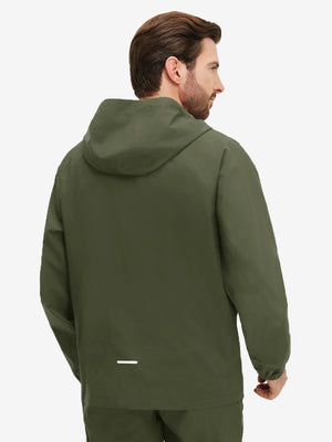 Back upper body shot of model wearing army green waterproof lightweight rain jacket with hood