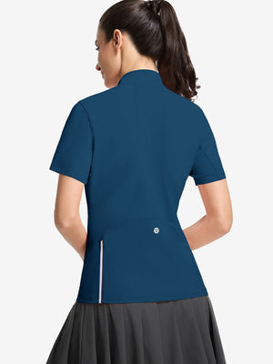 Back upper body shot of model wearing blue women's breathable 1/4 zip pullover golf shirts