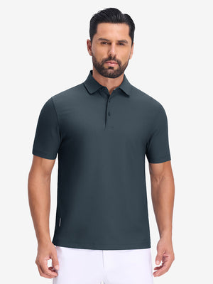Front upper body shot of model wearing dark grey dry fit waffle textured collared golf shirts