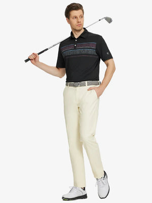 Full body front view of model wearing BEIGE Water Resistant Everyday Pants, holding a golf club