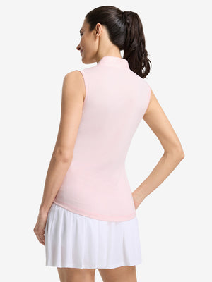 Back upper body shot of model wearing light pink white women's q-zip pin striped texture golf shirts
