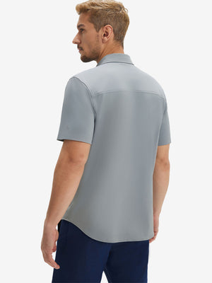 Back upper body shot of model wearing grey cool print plain button up shirts