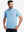 Front upper body shot of model wearing light blue waffle texture 1/4 zip pullover