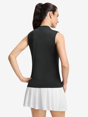 Back upper body shot of model wearing black women's moisture-wicking mock neck sleeveless golf tops