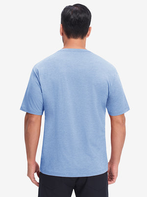Back upper body view in blue heather of moisture wicking heather round neck athletic t-shirts.
