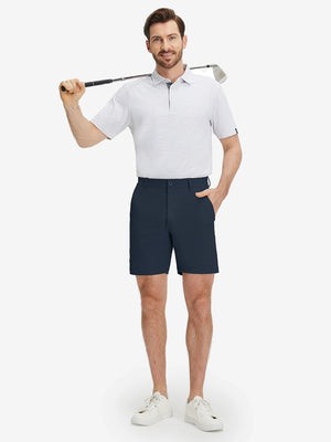 Front full body shot of model wearing navy flat front flex cotton blend golf shorts