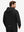 Back upper body shot of model wearing black waterproof lightweight rain jacket with hood