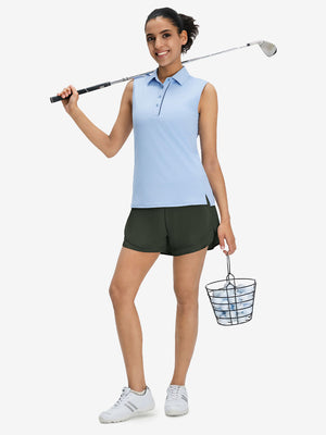 Front full body shot of model with golf gear wearing army green women's gym golf shorts with liner pocket