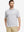 Front half-body of model in brown grey camo stretch printed collarless henley golf shirts
