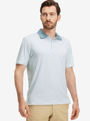 Front upper body shot of model wearing dark grey line premium ribbed collar print polo shirts