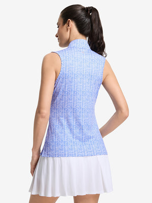 Back upper body shot of model wearing white blue stripes women's sleeveless q-zip print quick dry golf tops