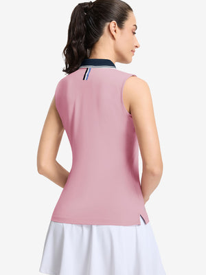 Back upper body shot of model wearing lavender women's collared v neck quick dry tank tops
