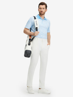 Front full body shot of model wearing white stretch cotton blend slim fit golf trousers 5 pockets