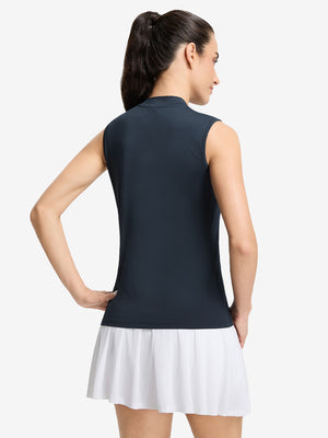 Back upper body shot of model wearing navy blue women's moisture-wicking mock neck sleeveless golf tops