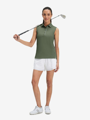 Front full body with golf club in mossy stone of women's 4 buttons golf polo shirts.