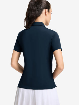 Back upper body shot of model wearing navy women's 5 buttons collared polo shirts