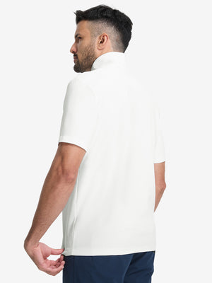 Back upper body shot of model wearing white waffle texture 1/4 zip pullover