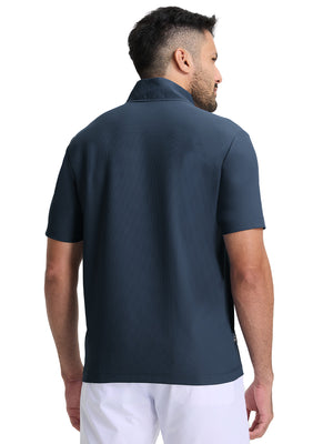 Back upper body shot of model wearing navy waffle texture 1/4 zip pullover