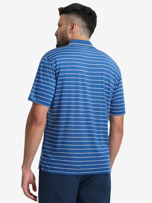 Back upper body shot of model wearing classic blue/airy blue non-curl ribbed collar striped polo shirts