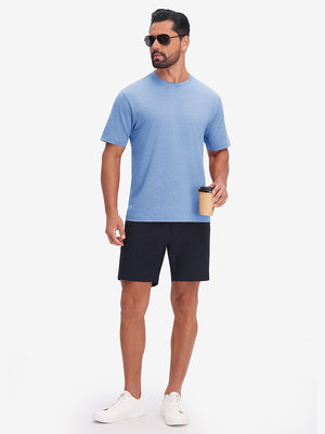 Front full body view in blue heather of moisture wicking heather round neck athletic t-shirts.