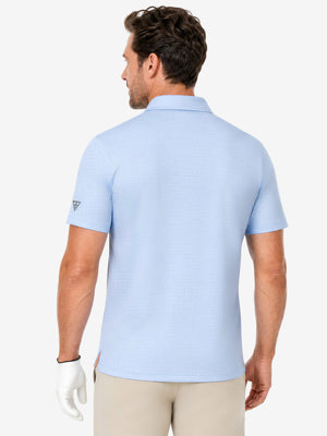 Back upper body view in light blue of nylon blend casual jacquard polo shirts.