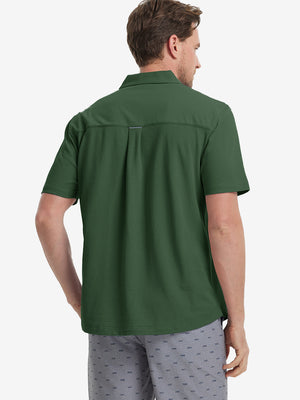 Model half-body back view wearing dark green cotton blend plain shirt.