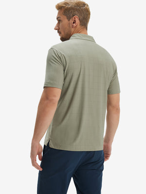 Back half body shot of model wearing birch grey grid performance reflective checked collar golf shirt
