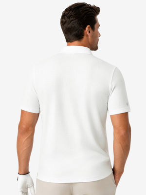 Back upper body view in white of nylon blend casual jacquard polo shirts.