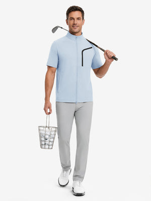 Full body model holding golf equipment, lightweight upf50+ short sleeve golf vests jacket in light blue
