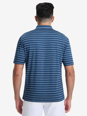 Back upper body shot of model wearing navy peony/arctic white non-curl ribbed collar striped polo shirts