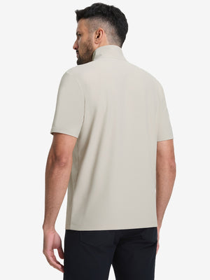 Back upper body shot of model wearing oyster gray waffle texture 1/4 zip pullover