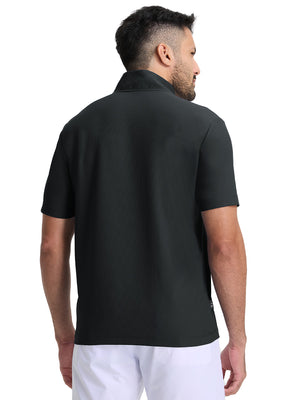 Back upper body shot of model wearing black waffle texture 1/4 zip pullover