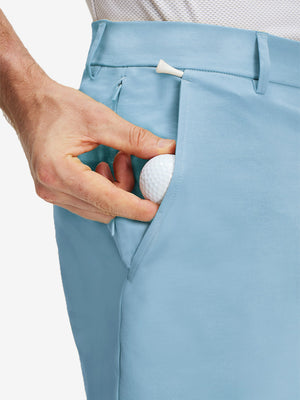 Detail view of front pocket on sky blue flat front flex cotton blend golf shorts