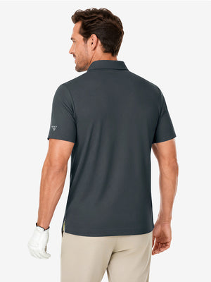 Back upper body view in dark gray of nylon blend casual jacquard polo shirts.