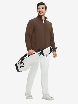 Lightweight casual fleece jacket with 5 pockets, coffee brown, full body golf scenes with bag