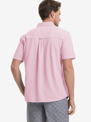 Model half-body back view wearing pink cotton blend plain shirt.