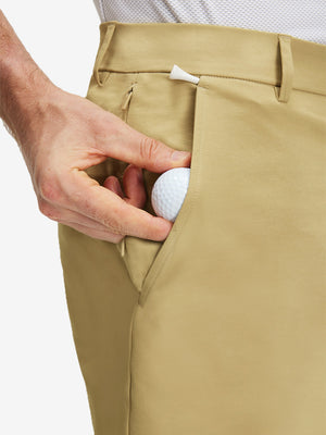 Detail view of front pocket on khaki flat front flex cotton blend golf shorts