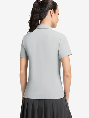 Back upper body shot of model wearing light grey women's 5 buttons collared polo shirts