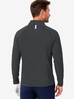 Model back upper body effect display, dry fit athletic 1/4 zip sweatshirt in black heather