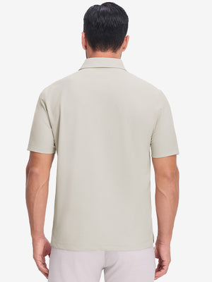 Back upper body shot of model wearing oyster gray dry fit waffle textured collared golf shirts