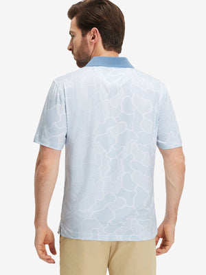Back upper body shot of model wearing dark grey line premium ribbed collar print polo shirts