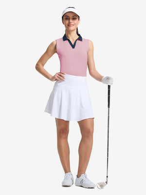 Front full body shot of model exercising in lavender women's collared v neck quick dry tank tops