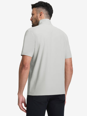Back upper body shot of model wearing silver grey waffle texture 1/4 zip pullover