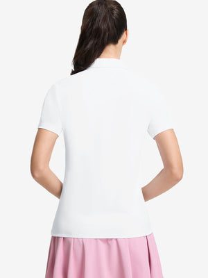 Back upper body shot of model wearing white women's 5 buttons collared polo shirts