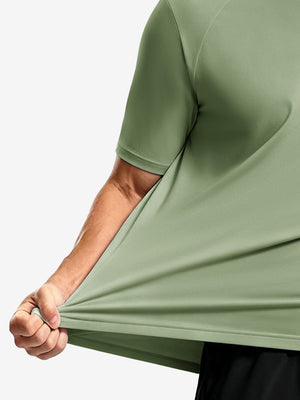 Side fabric stretch display in green grey of men's short sleeve slim fit roma knit t-shirt.