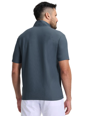 Back upper body shot of model wearing dark grey waffle texture 1/4 zip pullover