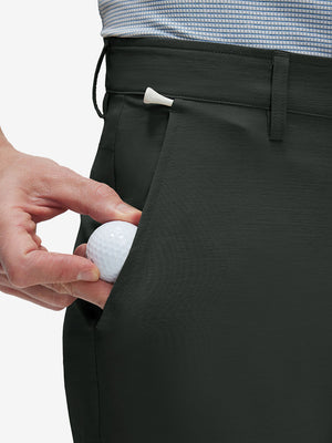 Detail view of front pocket on dark charcoal straight fit lightweight dress golf pants