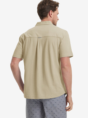 Model half-body back view wearing khaki cotton blend plain shirt.