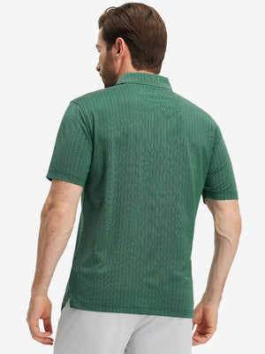 Back upper body shot of model wearing green classic lightweight jacquard golf shirts
